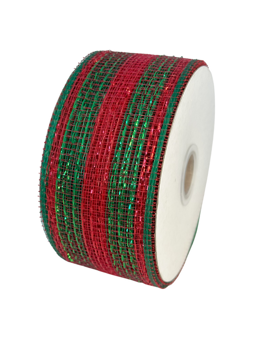 Christmas 10 Deco Metallic Mesh Ribbon Rolls red, Lime, Red and Green  Stripes 