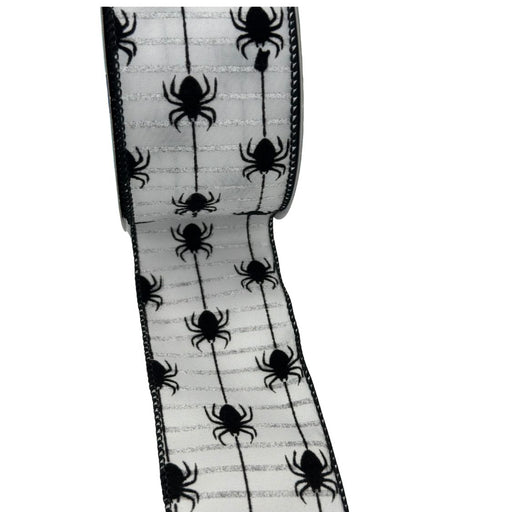 Halloween Spider Stripes Wired Ribbon - 2 1/2" x 10 Yards, White & Black, Spiders, Bows, Wreath, Halloween