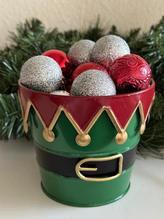 Festive Christmas Elf Tin Pot - 5" Diameter, 4.5" Tall