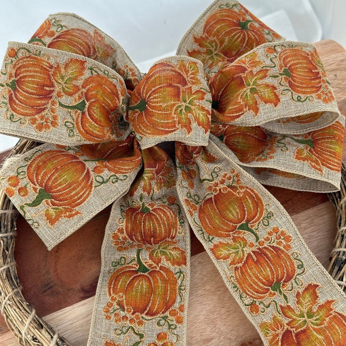 Fall Pumpkins Wreath Bow - 10" Wide, 18" Long Tails, Fall Decor, Orange, Beige, Sparkly