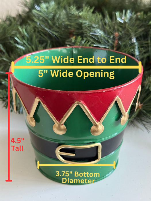 Festive Christmas Elf Tin Pot - 5" Diameter, 4.5" Tall