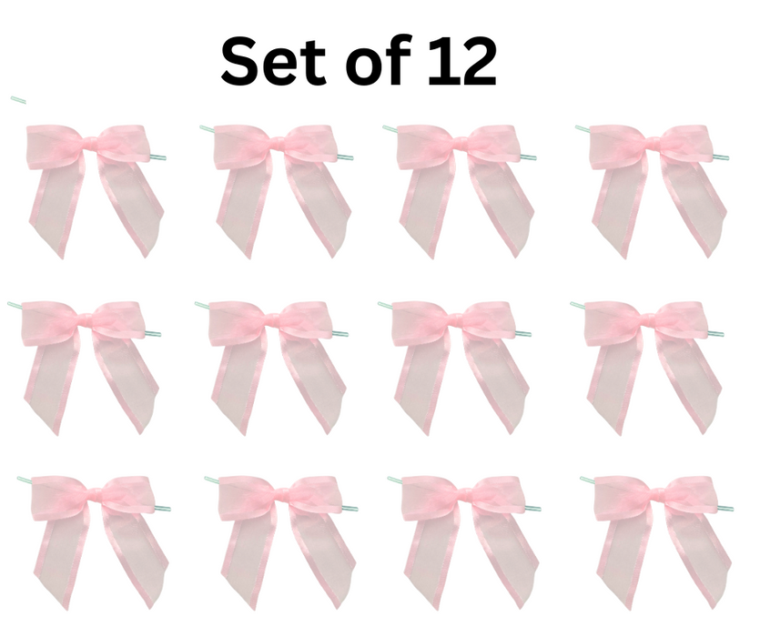 Pre-Tied Pink Organza Bows - 4" Wide, Set of 12