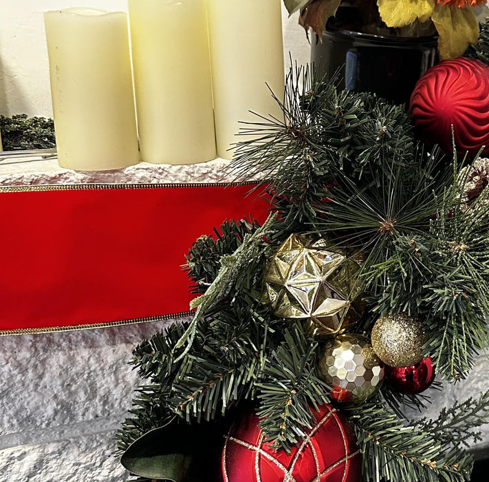 Decorate fireplace for Christmas with 4 inch wide Red Velvet Ribbon