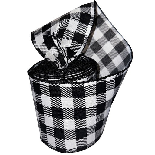 Buffalo Plaid Wired Edge Ribbon - 4" x 10 Yards, White & Black Checks