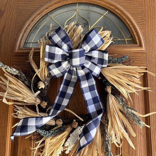 Navy Blue Plaid Wreath Bow - 10" Wide, 18" Long Pre-Tied Bow