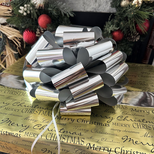 metallic silver bow on a christmas gift