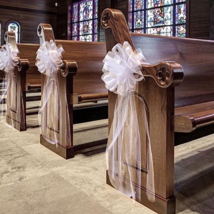 large white wedding pew bows