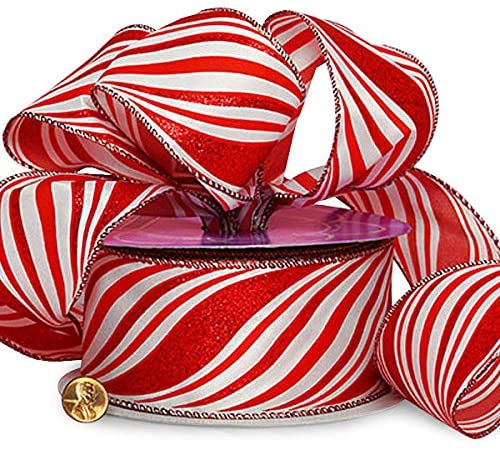 2.5 Inch Red White Striped Glitter Christmas Ribbon with a Wired Edge, 10  Yards
